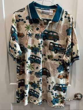 Michael Bastian Medium Men’s Teal Cream Tropical Surf Wagon Hawaiian Polo